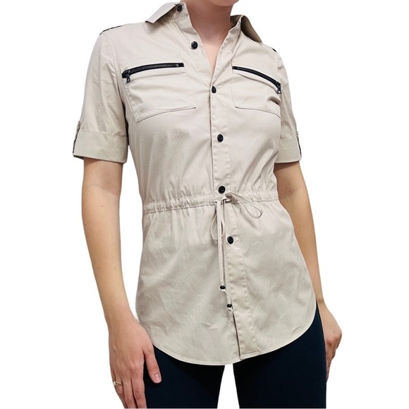St. John Shirt Button Up Khaki Collared Minimalist Preppy Neutral 2 Extra Small - Picture 1 of 7